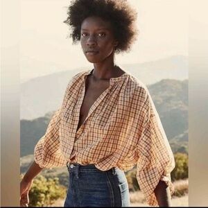 Casual Plaid Button Down Shirt - Cream and Orange